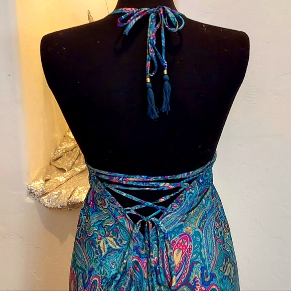 BOHEMIAN GODDESS Silk Turquoise Blue Floral Maxi Dress - Picture 6 of 6